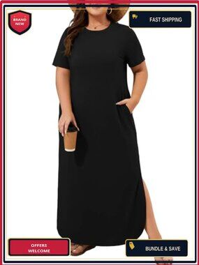 Plus Size Maxi Dress for Women Summer Casual Long T Shirt Dress Crew Neck Flowy